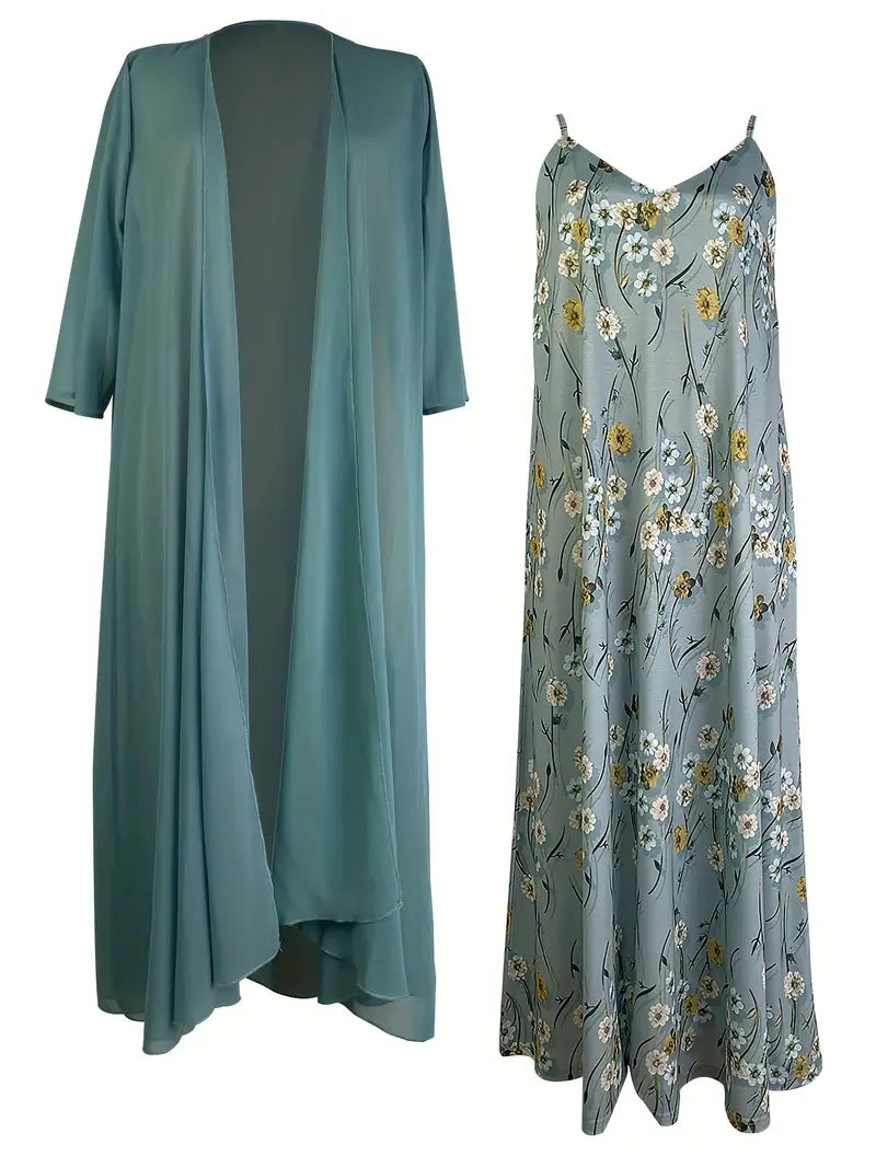 Judy | Floral Print Maxi Dress With Thin Jacket Two Piece Set