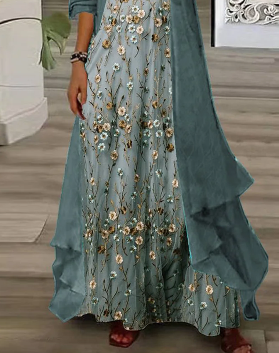 Judy | Floral Print Maxi Dress With Thin Jacket Two Piece Set